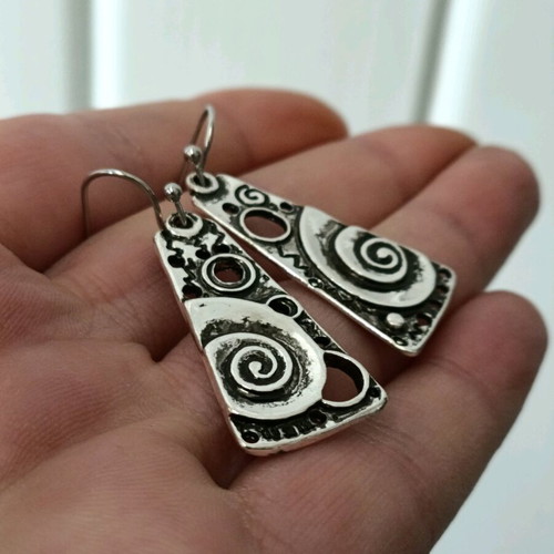Ethnic women's embossed dangle earrings with oxidation finish steel new