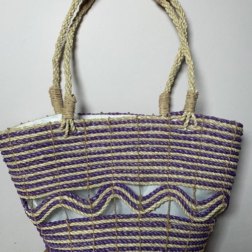 Summer bag handmade from rope and rattan, unused, natural and purple