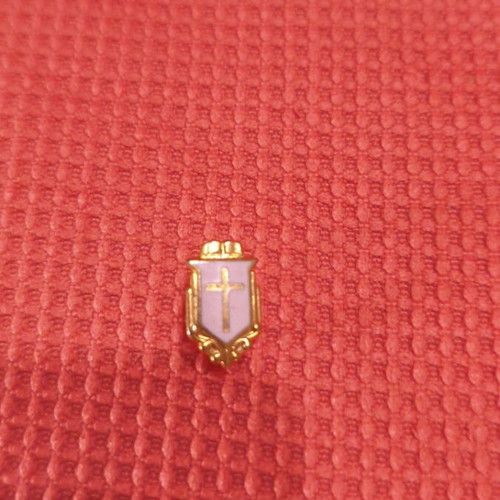 Vintage lapel pin shield with cross and white enamel