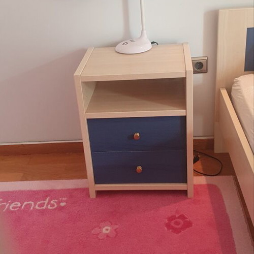 Blue bedroom set with desk, bookshelves and bed