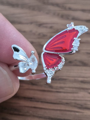 S925 Silver Butterfly Ring, Red & White