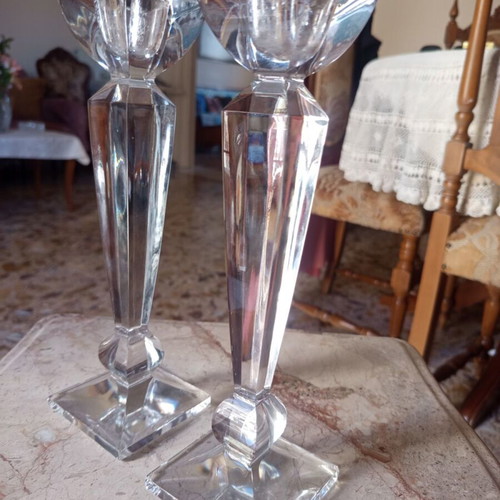 Pair of tall vintage crystal candlesticks