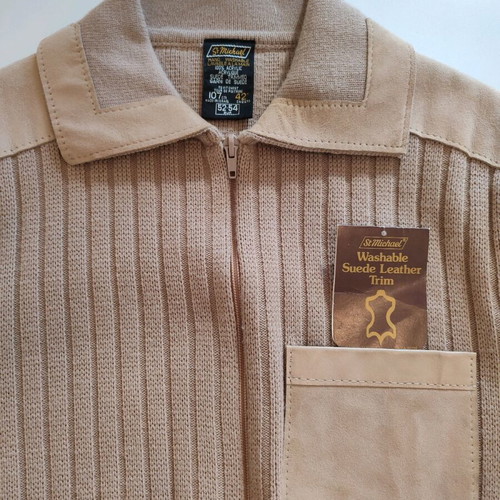 Vintage St. Michael cardigan medium beige acrylic with suede details like new