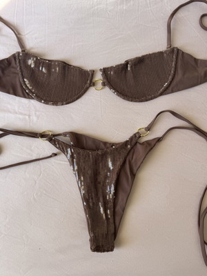 RHEA bikini set new, brown with sequin details and gold accents