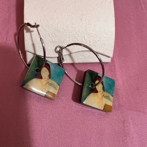 Art-Inspired Earrings Modigliani Portrait Design like new, silver hoops