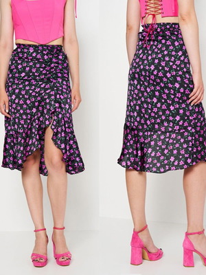 Bershka floral midi skirt black/purple XS like new