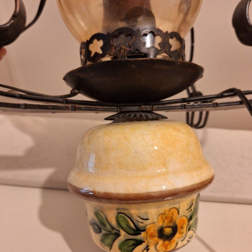 Vintage hanging lamp used, wrought iron and hand-painted ceramic shade