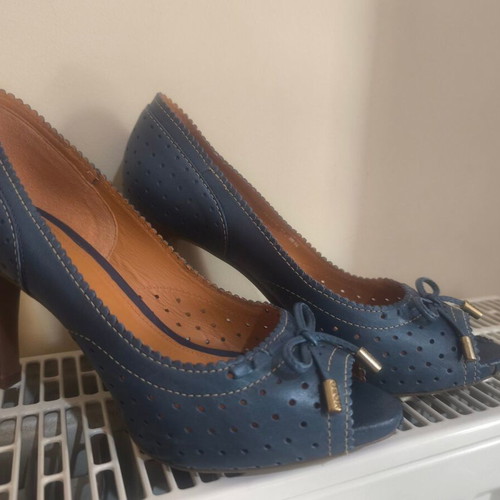 Geox peep toe pumps blue used, size 38.5, brown heel