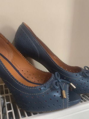 Geox peep toe pumps blue used, size 38.5, brown heel