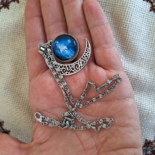 Moon necklace new, silver and blue with universe design