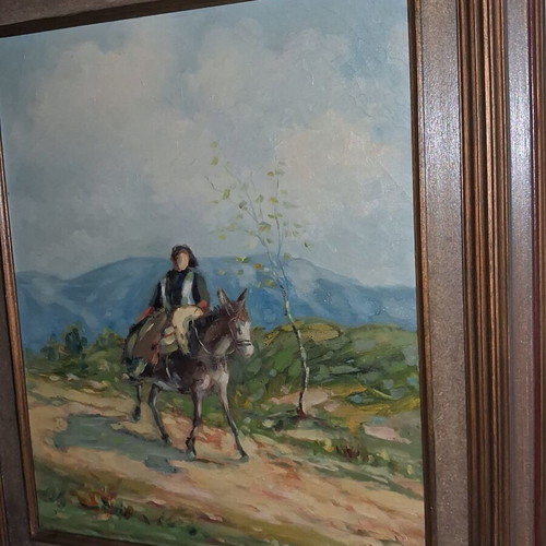 Greek Landscape Oil Painting on Canvas with Donkey Figure like new