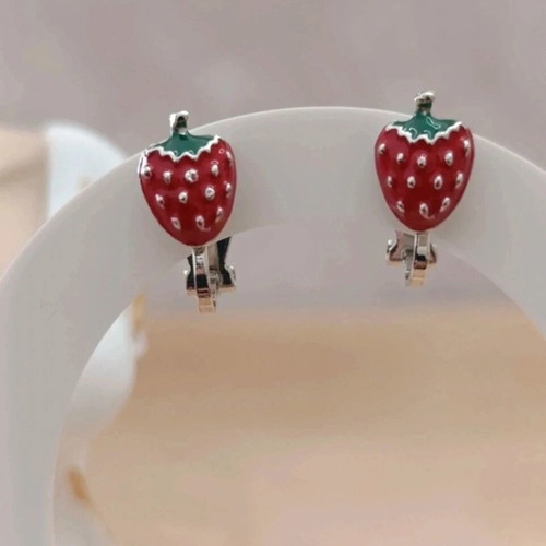 Strawberry Clip Earrings new, red and silver
