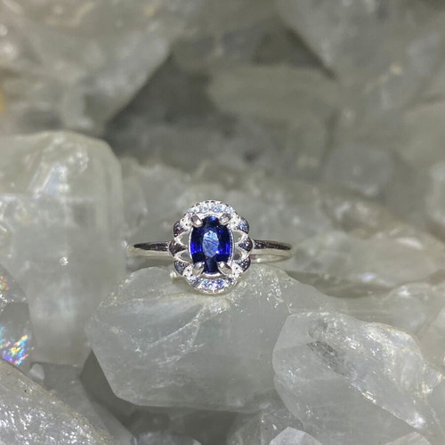 Handmade silver ring with natural blue sapphire and moissanites size 5
