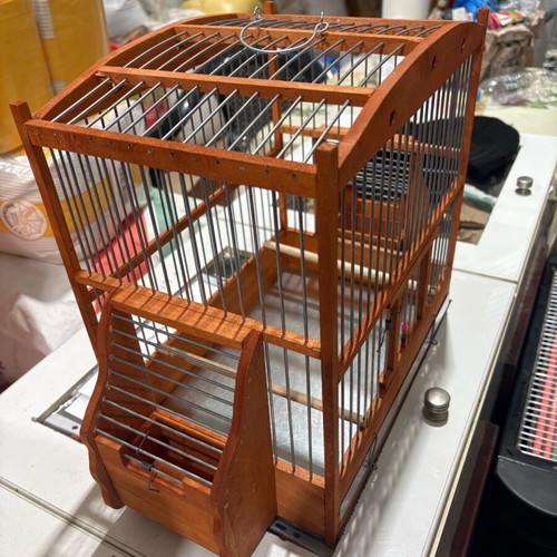Wooden birdcage house with external feeders new