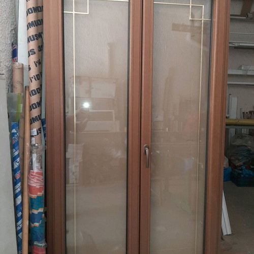 Aluminum balcony door brown with wooden profile and perimeter mechanism new