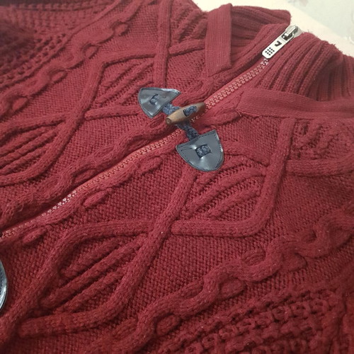 Men's burgundy cardigan used, size L, wool blend with fleece lining