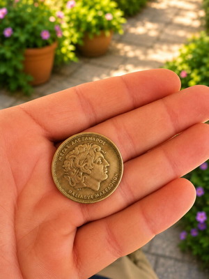 Collectible 100 Drachma Coin 1990 used, Alexander the Great & Vergina Sun