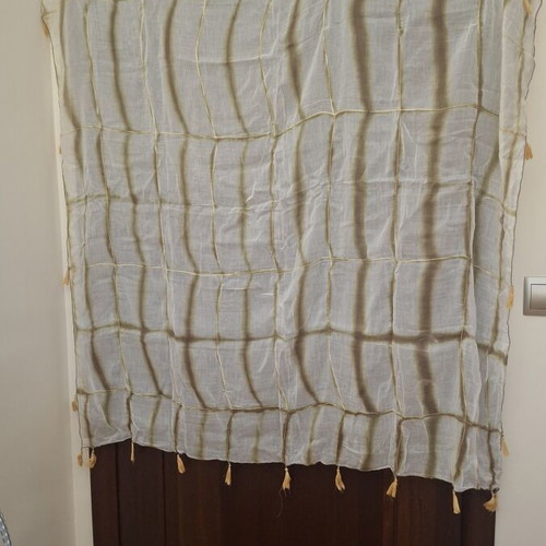 Scarf like new with beige/khaki stripes and yellow tassels