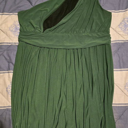 Evening mini dress with one shoulder and pleats, new, green