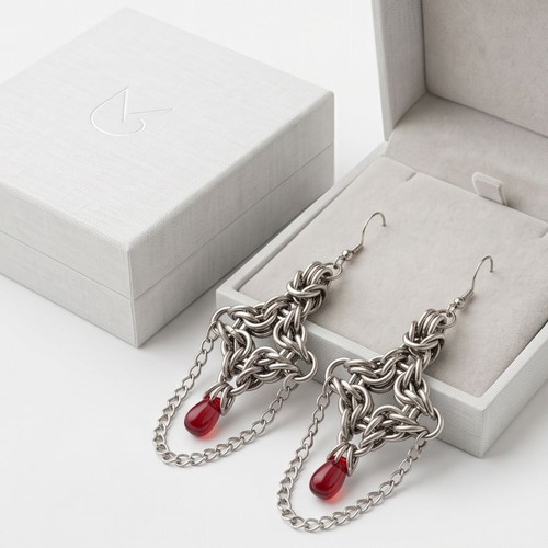 Byzantine Diamond Chain Earrings new, steel with red bead