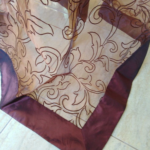 Tablecloth set of five pieces iridescent dark brown, silk organza with embossed flowers and border