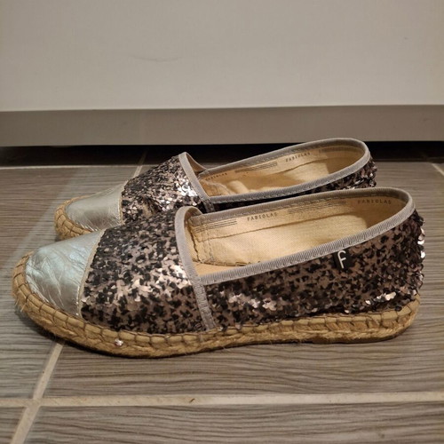 Fabiolas Collection women's flat espadrilles used with grey sequins and silver detail size 37