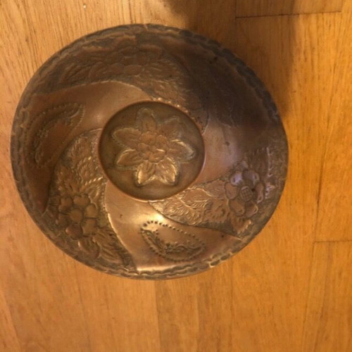 Copper vintage decorative bowl used with engraved floral patterns