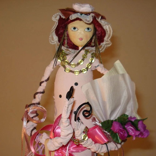 Vintage Decorative Fabric Doll Primitive Folk Art Lady Shopper Dan DiPaolo Style