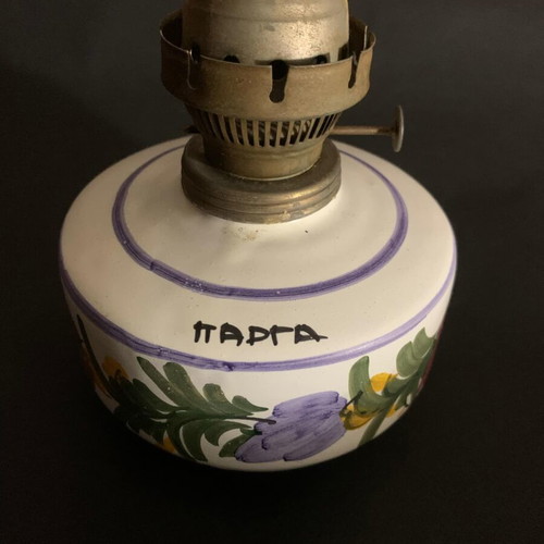 Vintage handmade oil lamp used, hand-painted clay from Parga