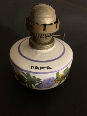 Vintage handmade oil lamp used, hand-painted clay from Parga