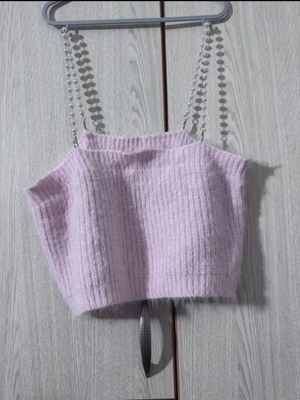 Pink knitted fluffy top Shein like new with decorative pearls