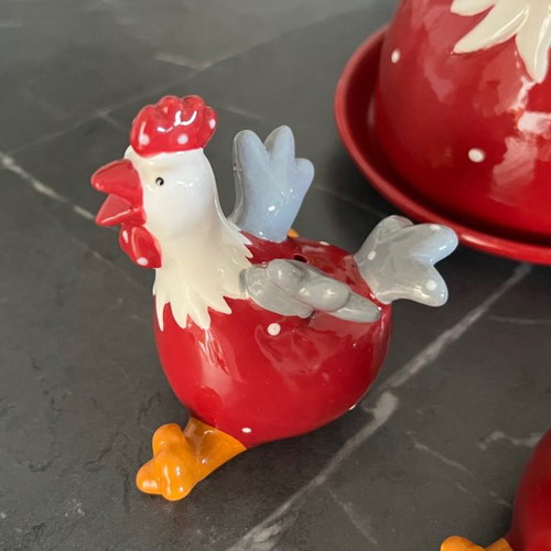 Ceramic Easter butter dish and salt pepper set new with red and white hens