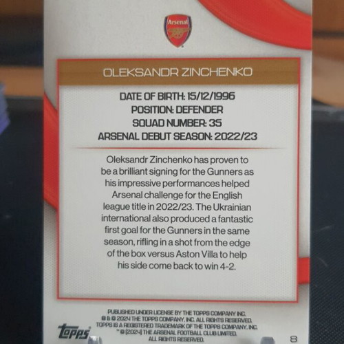 Topps Arsenal Team Set 2023-24 Oleksandr Zinchenko like new