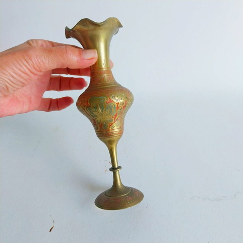 Vintage Indian brass vase used, hand engraved and painted
