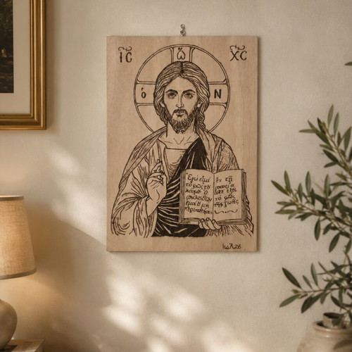 Handmade pyrography Jesus on sea wood A4 size