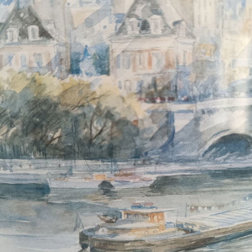 Aquarelle Paris Le Pont Neuf et Notre Dame framed painting like new