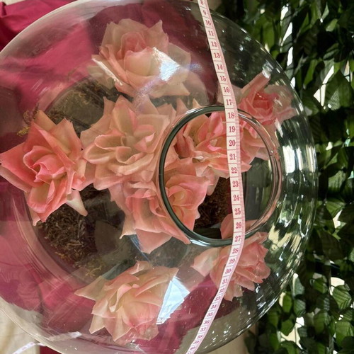 Decorative glass vase terrarium with pink flowers like new