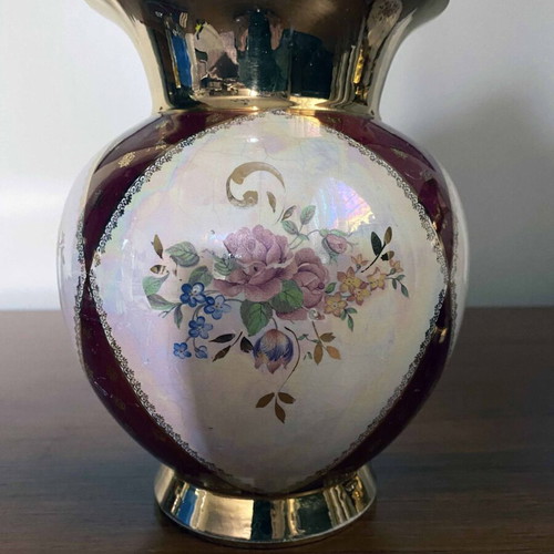 Set of 2 vintage porcelain vases used, handpainted with gold details