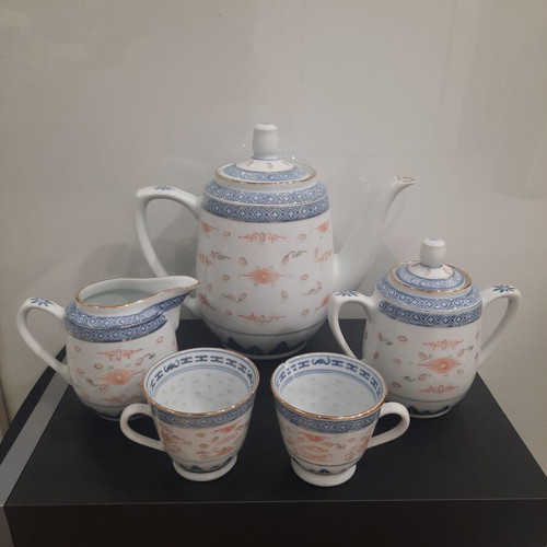 Vintage porcelain tea set China rice grain technique, like new