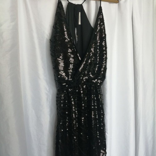 Voyelles short dress with sequins and beads, deep neckline, size S, like new