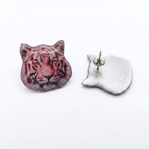 Handmade tiger earrings with steel clasp new, pink and silver