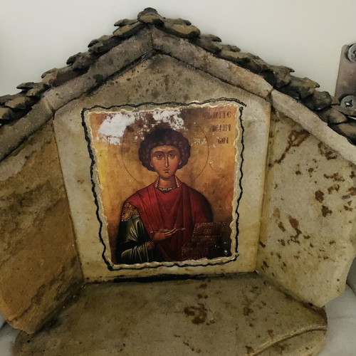 Handmade Corner Icon Stand from Natural Karystos Stone and Sandstone