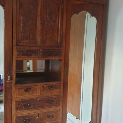 Handmade carved cabinet 1945, used, with mirror and drawers