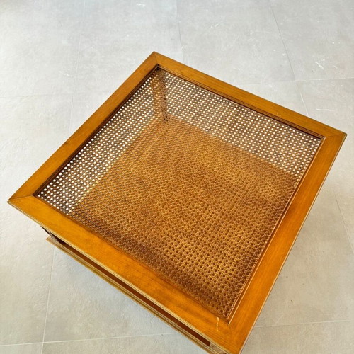 Rattan table used, walnut and glass