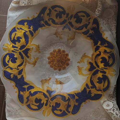Vintage baroque style platter with gold and blue embossed design, like new