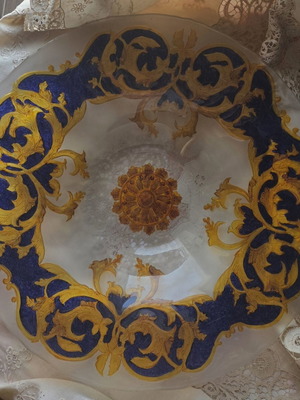 Vintage baroque style platter with gold and blue embossed design, like new