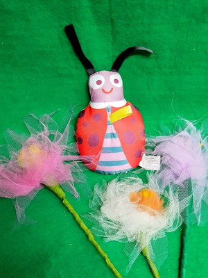 Easter Decoration Set like new with Fabric Ladybug and 3 Handmade Flowers