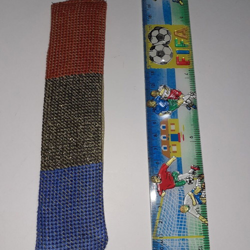 Handmade bookmark in blue, dark gold and dark orange colors