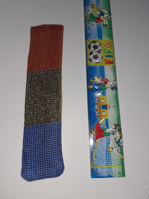 Handmade bookmark in blue, dark gold and dark orange colors
