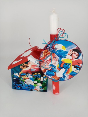 Λαμπάδα στρουμφάκια καινούργια με χειροποίητο ξύλινο κουτί